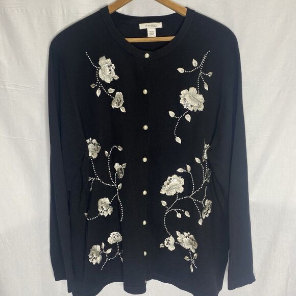 DRESSBARN Embroidered Cardigan Sweater Beaded Floral Button Womens 18 20 Black - Picture 1 of 12